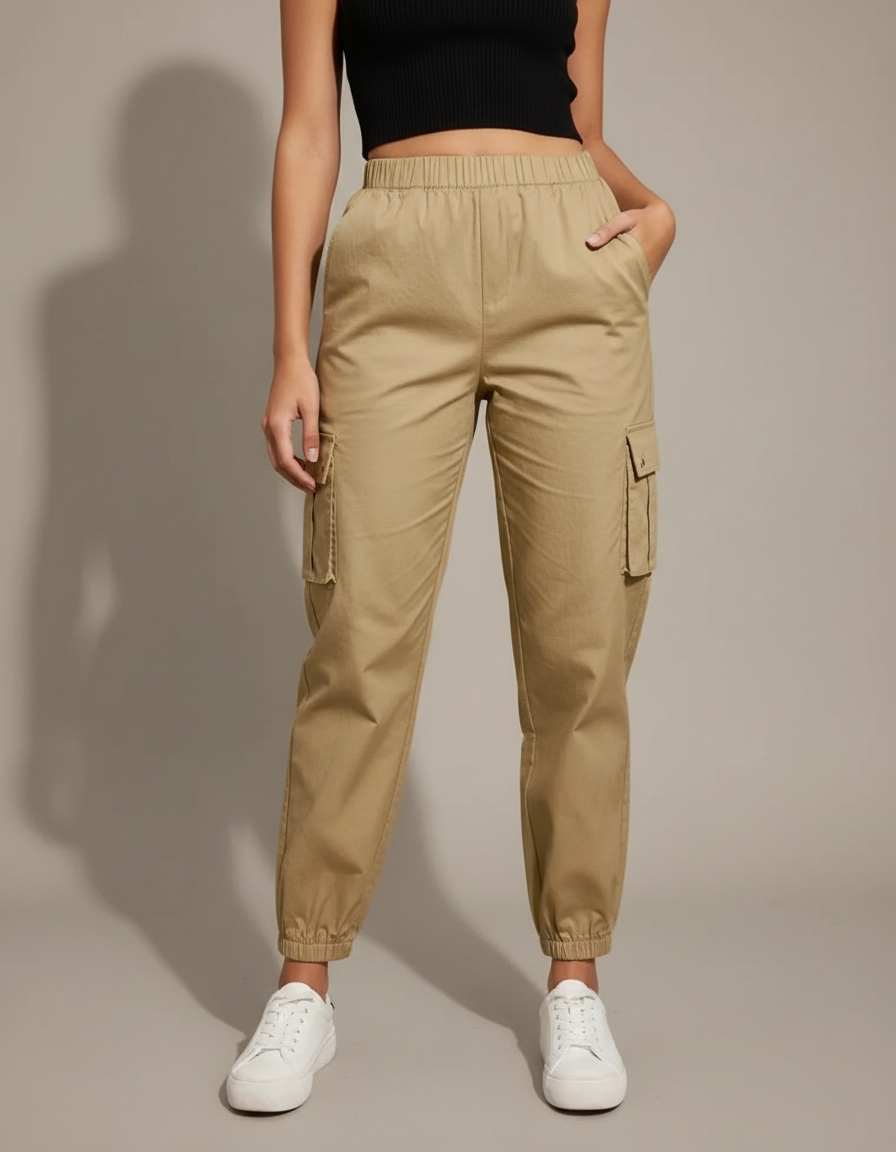 Pantalon Cargo Beige Ample Femme Élastique - Coton