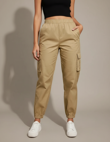Pantalon Cargo Beige Ample Femme Élastique - Coton