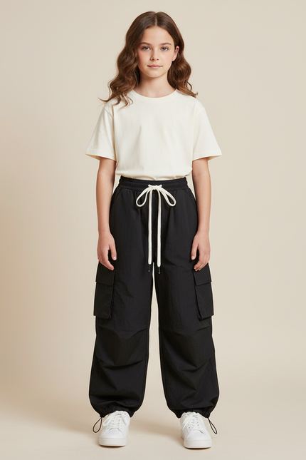 Pantalon Cargo Noir Ample Cordon Fille - Polyester