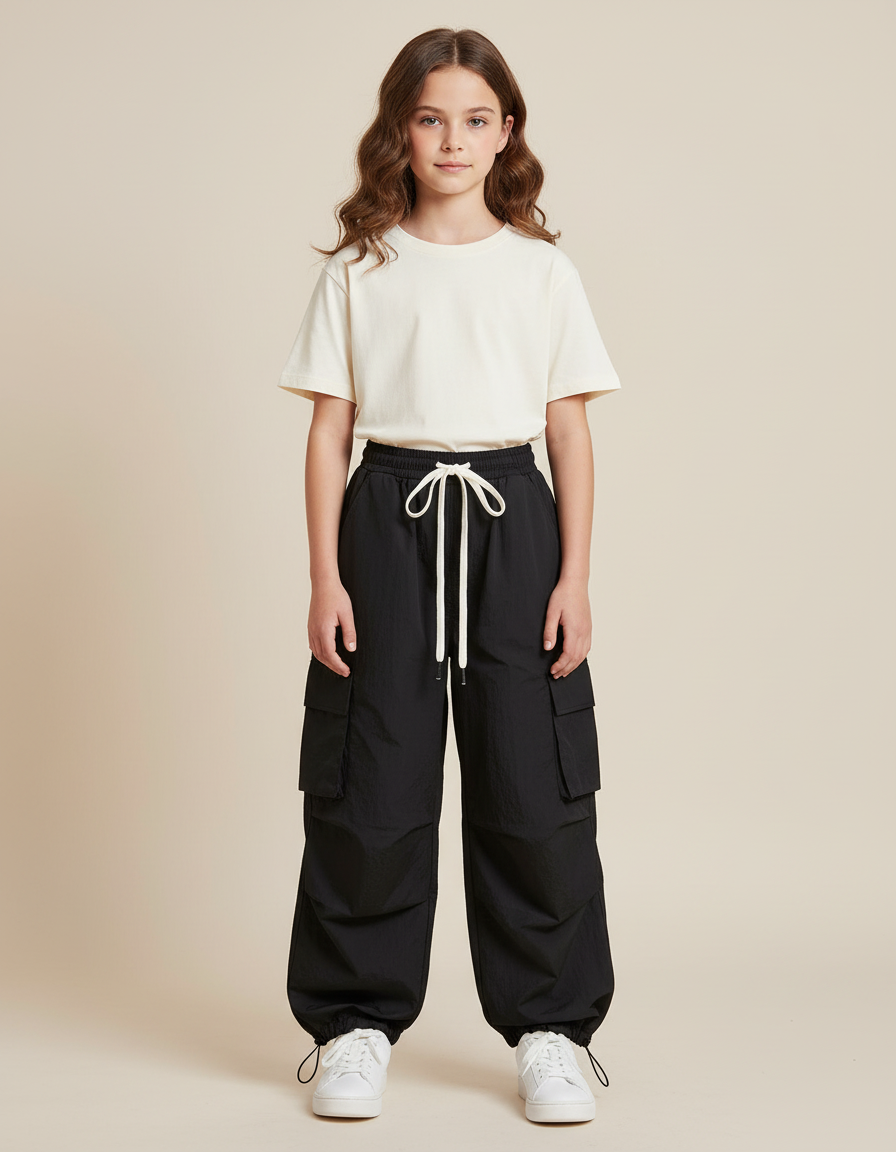 Pantalon Cargo Noir Ample Cordon Fille - Polyester