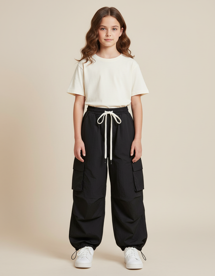 Pantalon Cargo Noir Ample Cordon Fille - Polyester