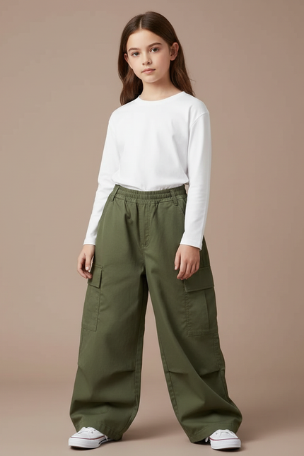 Pantalon Cargo Vert Ample Décontracté Fille - Kaki Toile