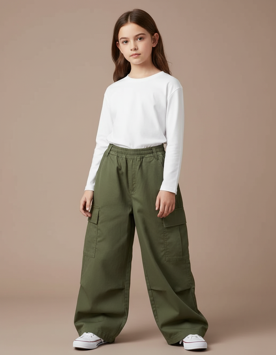 Pantalon Cargo Vert Ample Décontracté Fille - Kaki Toile