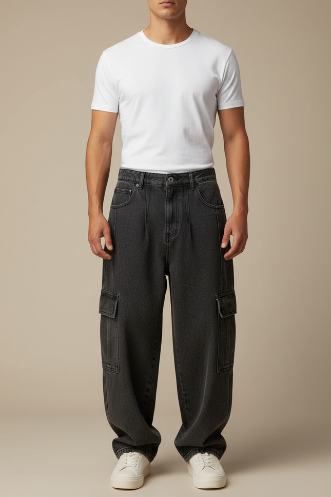 Pantalon Cargo Noir Ample Denim Multipoches Homme - Jean
