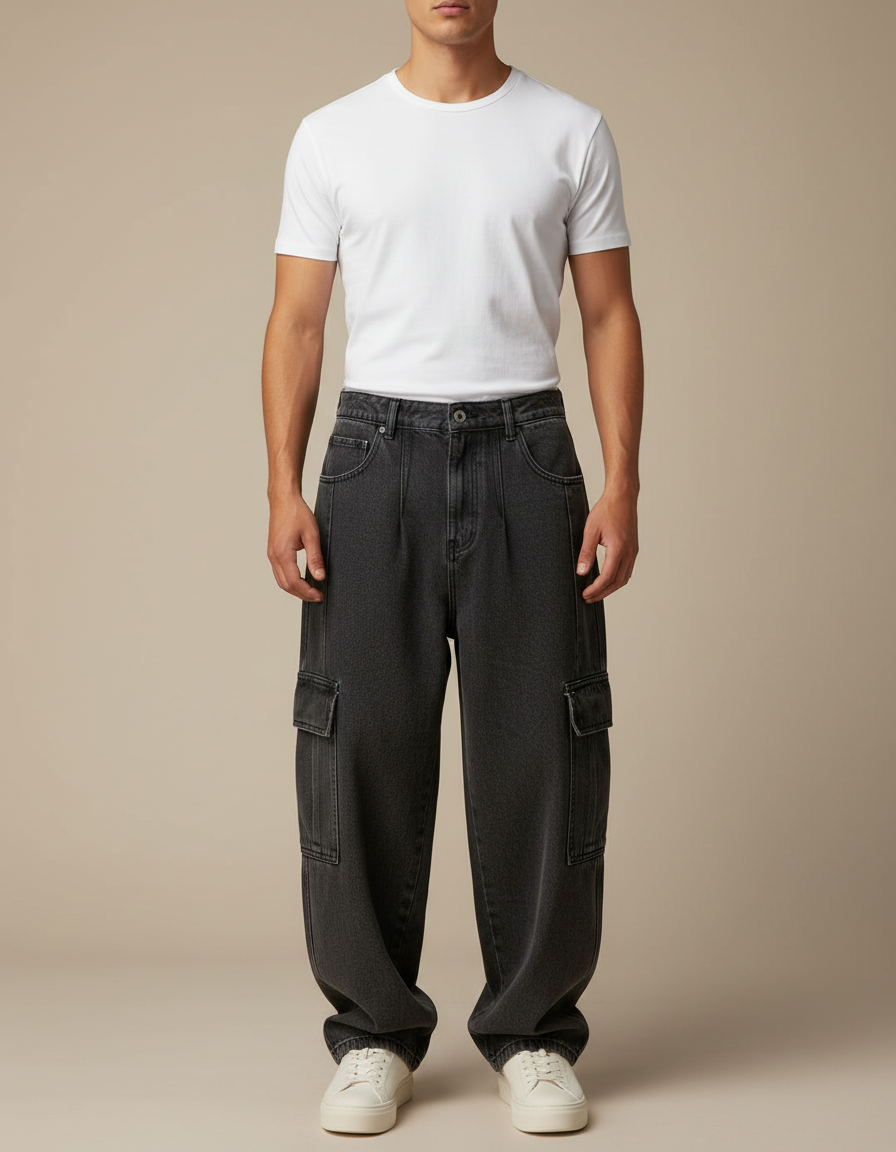 Pantalon Cargo Noir Ample Denim Multipoches Homme - Jean