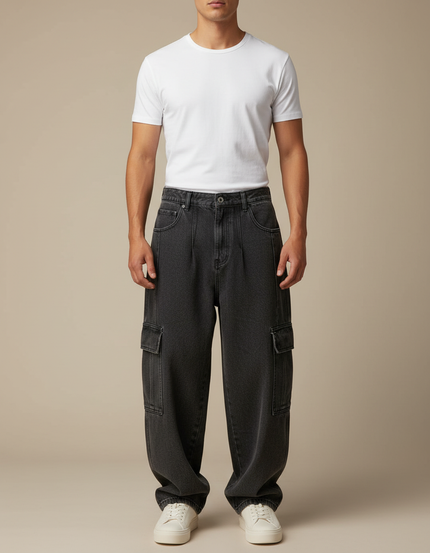 Pantalon Cargo Noir Ample Denim Multipoches Homme - Jean