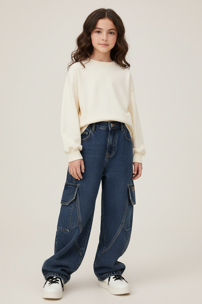 Pantalon Cargo Bleu Denim Ample Enfant Fille - Jean