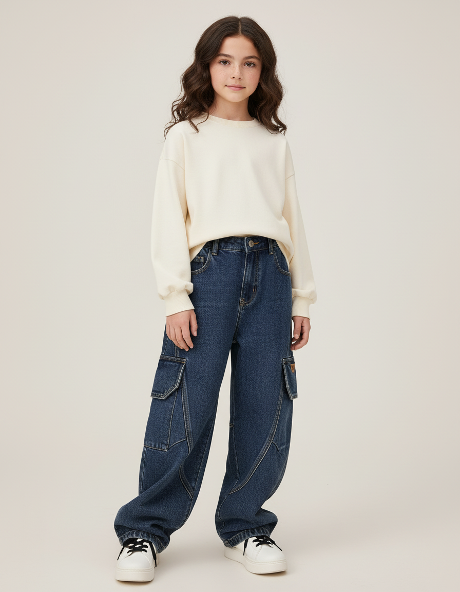 Pantalon Cargo Bleu Denim Ample Enfant Fille - Jean