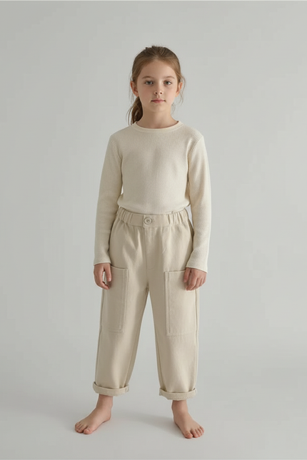 Pantalon Cargo Beige Ample Poches Enfant Fille - Toile