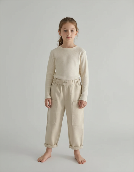 Pantalon Cargo Beige Ample Poches Enfant Fille - Toile