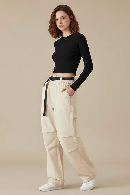 Pantalon Cargo Beige Ample Ceinturé Femme Décontracté - Toile