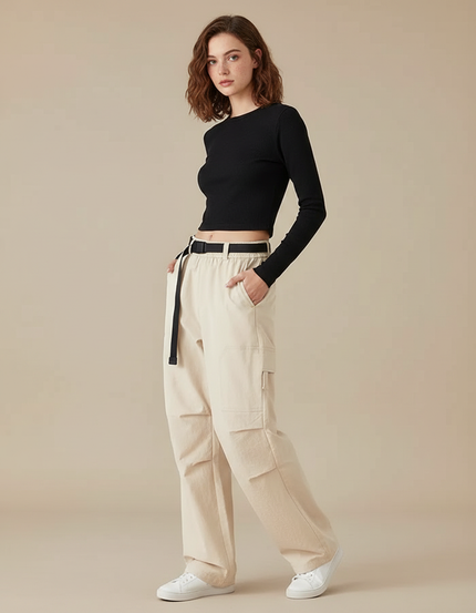 Pantalon Cargo Beige Ample Ceinturé Femme Décontracté - Toile