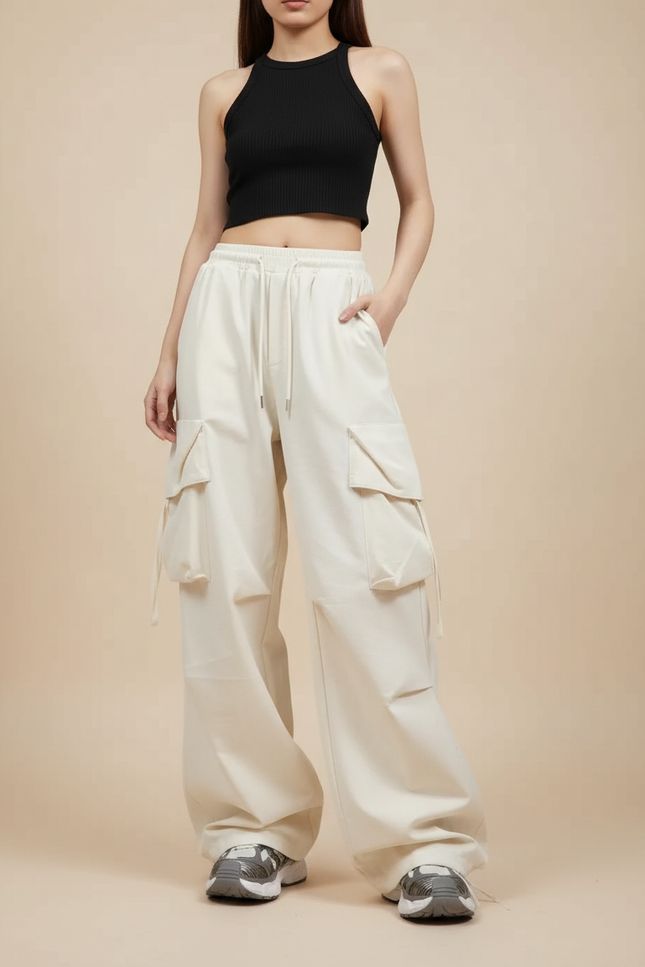 Pantalon Cargo Écru Ample Taille Haute Femme - Beige Toile