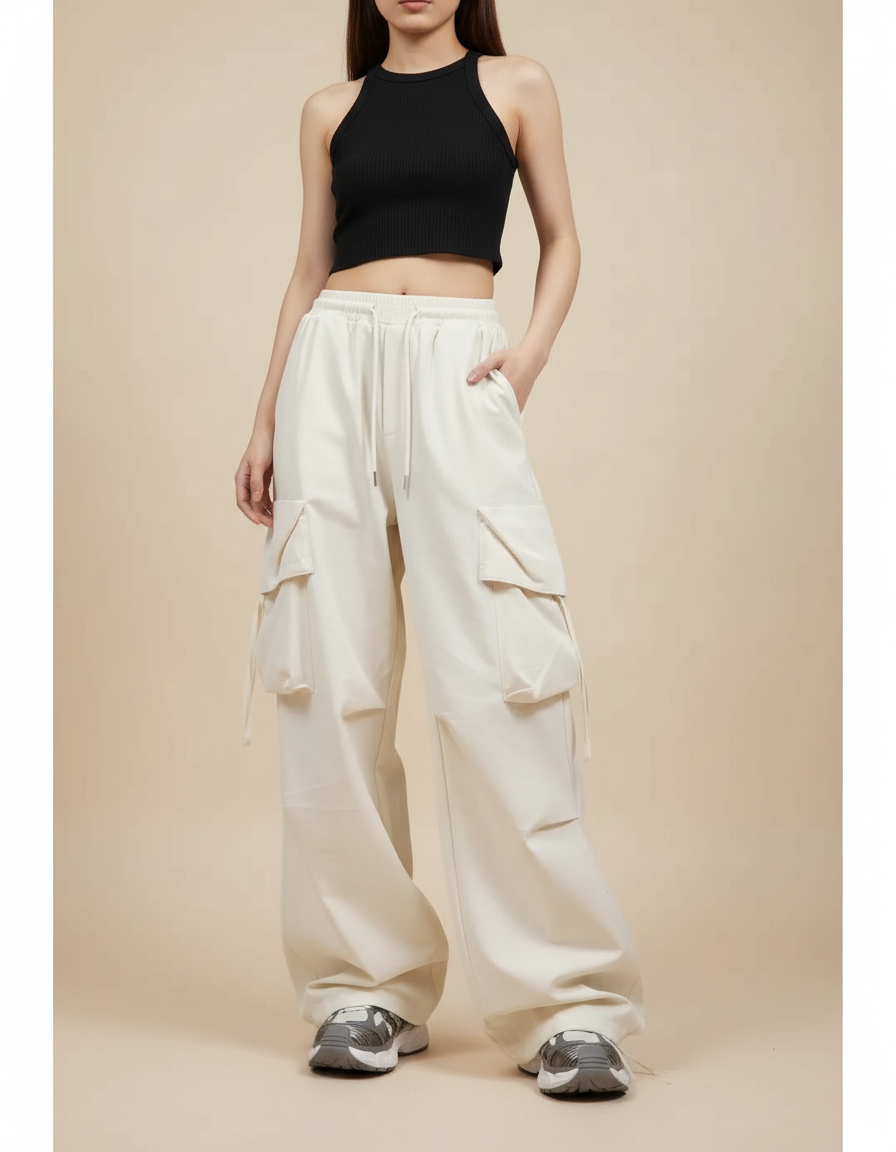 Pantalon Cargo Écru Ample Taille Haute Femme - Beige Toile