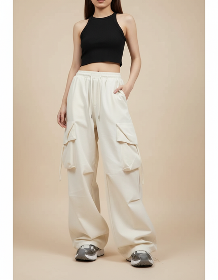 Pantalon Cargo Écru Ample Taille Haute Femme - Beige Toile