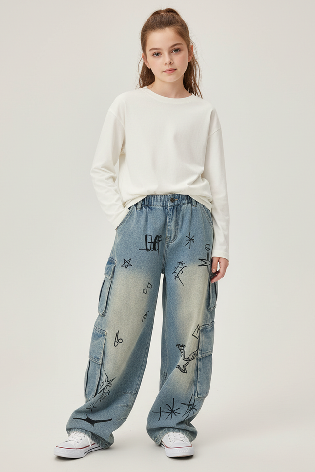 Pantalon Cargo Jean Ample Graffiti Fille Délavé - Bleu