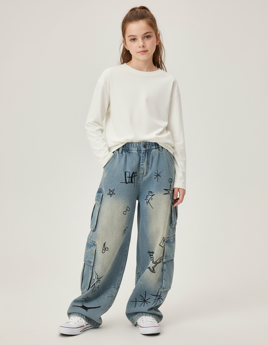 Pantalon Cargo Jean Ample Graffiti Fille Délavé - Bleu