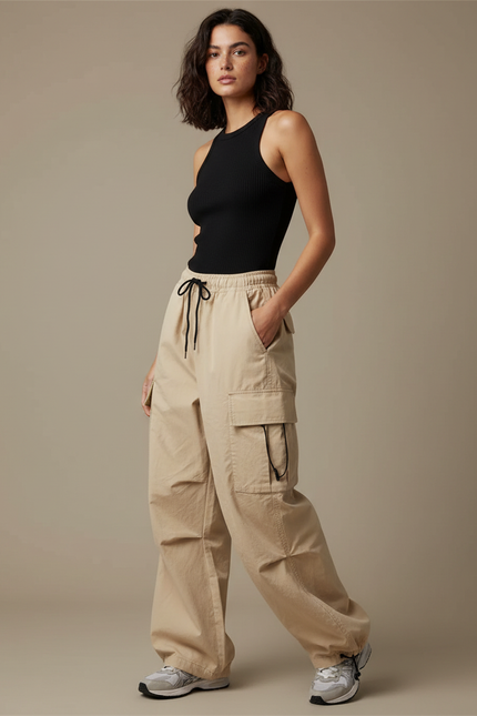 Pantalon Cargo Beige Ample Décontracté Cordon Femme - Toile