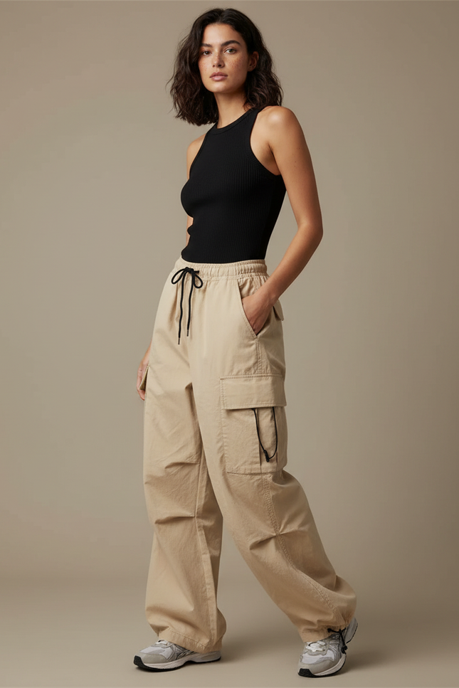 Pantalon Cargo Beige Ample Décontracté Cordon Femme - Toile