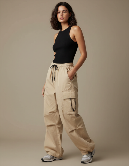 Pantalon Cargo Beige Ample Décontracté Cordon Femme - Toile