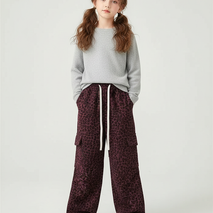 Pantalon Cargo Léopard Bordeaux Ample Poches Cordon Fille - Molleton