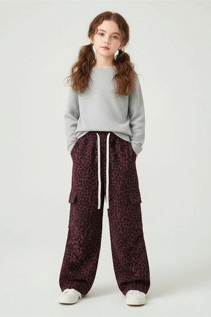 Pantalon Cargo Léopard Bordeaux Ample Poches Cordon Fille - Molleton