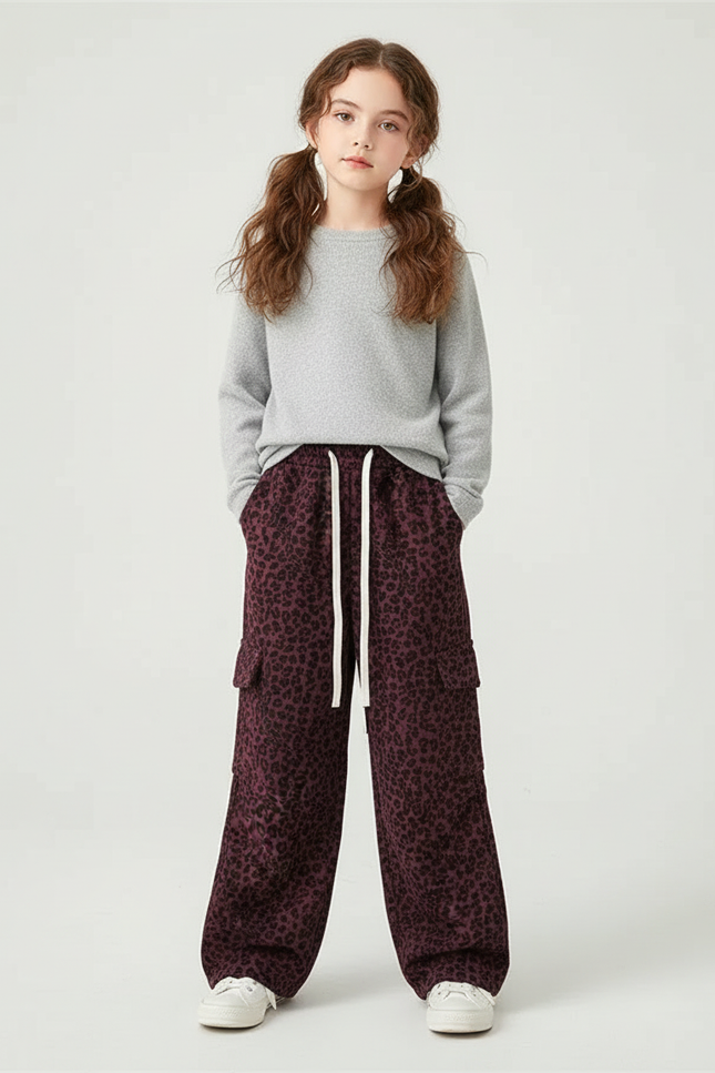 Pantalon Cargo Léopard Bordeaux Ample Poches Cordon Fille - Molleton
