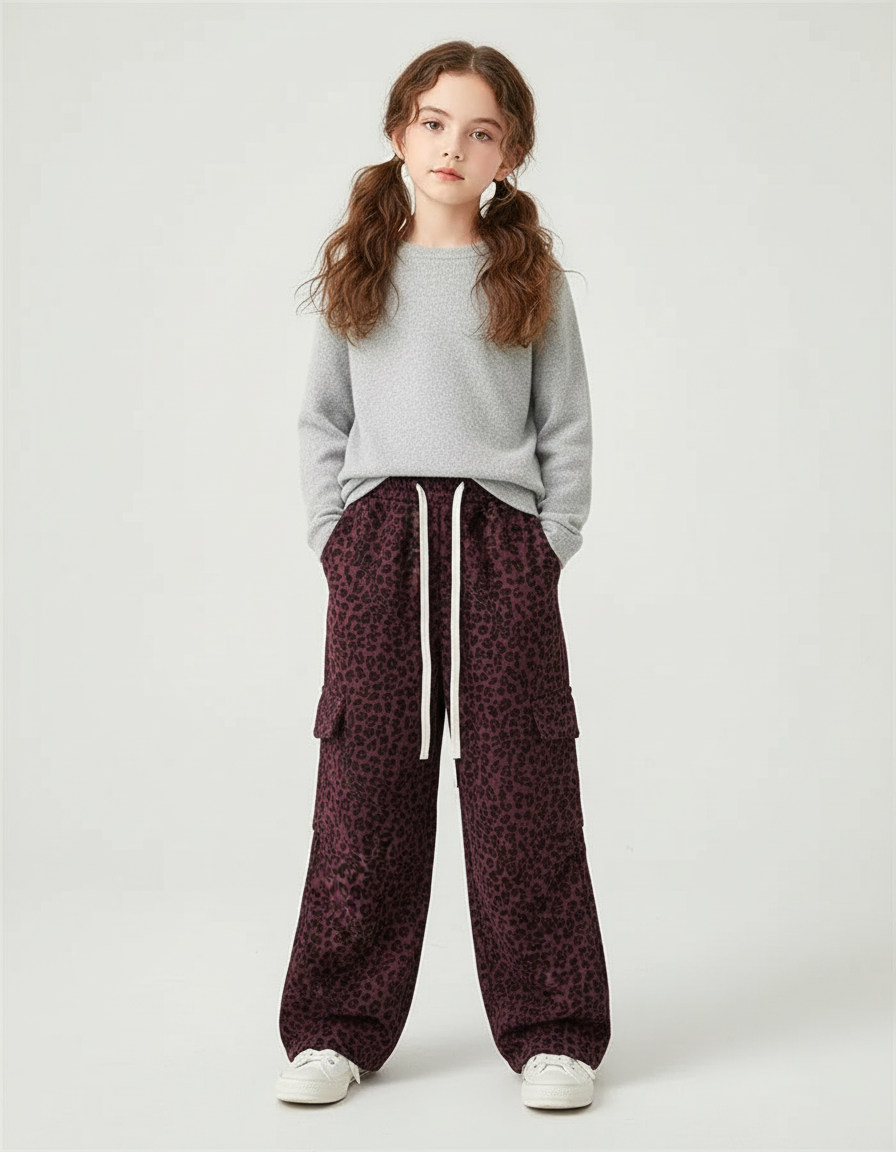 Pantalon Cargo Léopard Bordeaux Ample Poches Cordon Fille - Molleton