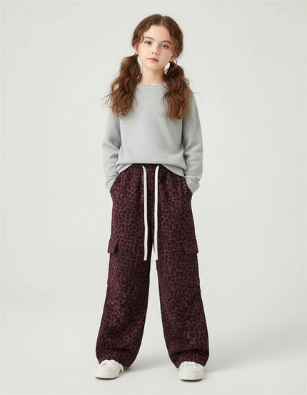Pantalon Cargo Léopard Bordeaux Ample Poches Cordon Fille - Molleton