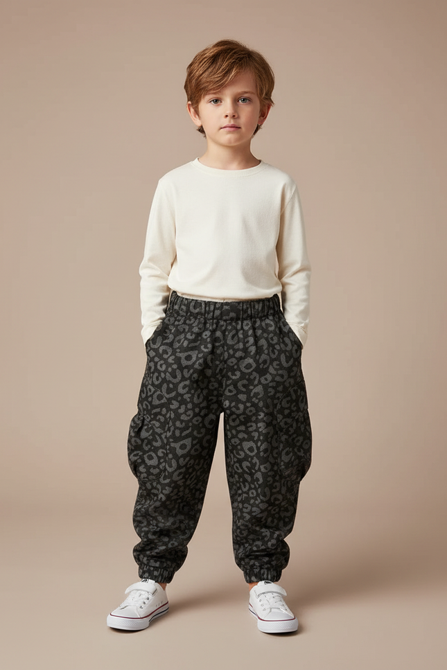 Pantalon Cargo Léopard Gris Ample Molletonné Enfant