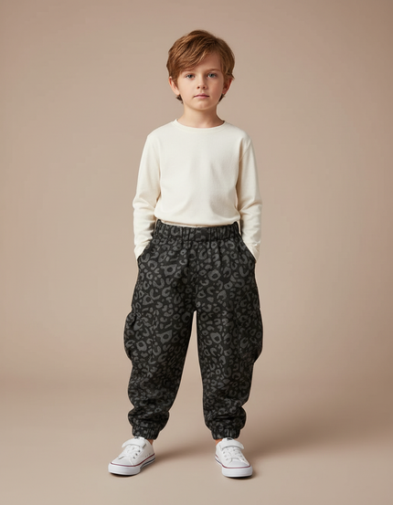 Pantalon Cargo Léopard Gris Ample Molletonné Enfant