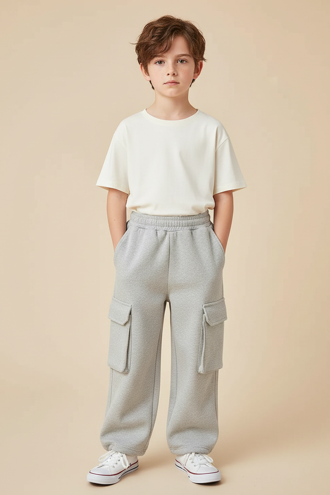Pantalon Cargo Gris Molletonné Ample Décontracté Enfant