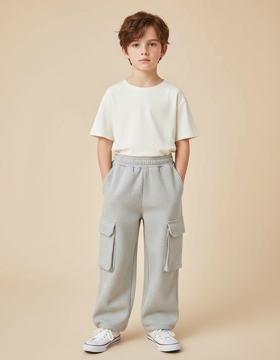 Pantalon Cargo Gris Molletonné Ample Décontracté Enfant