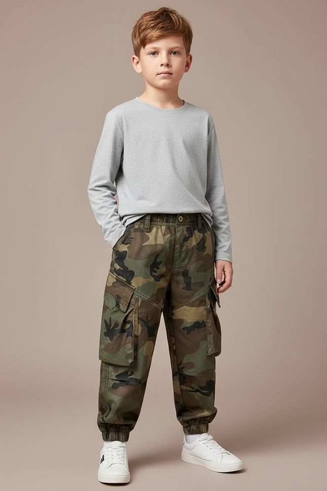 Pantalon Cargo Camouflage Garçon Ample Multipoches - Imprimé Toile