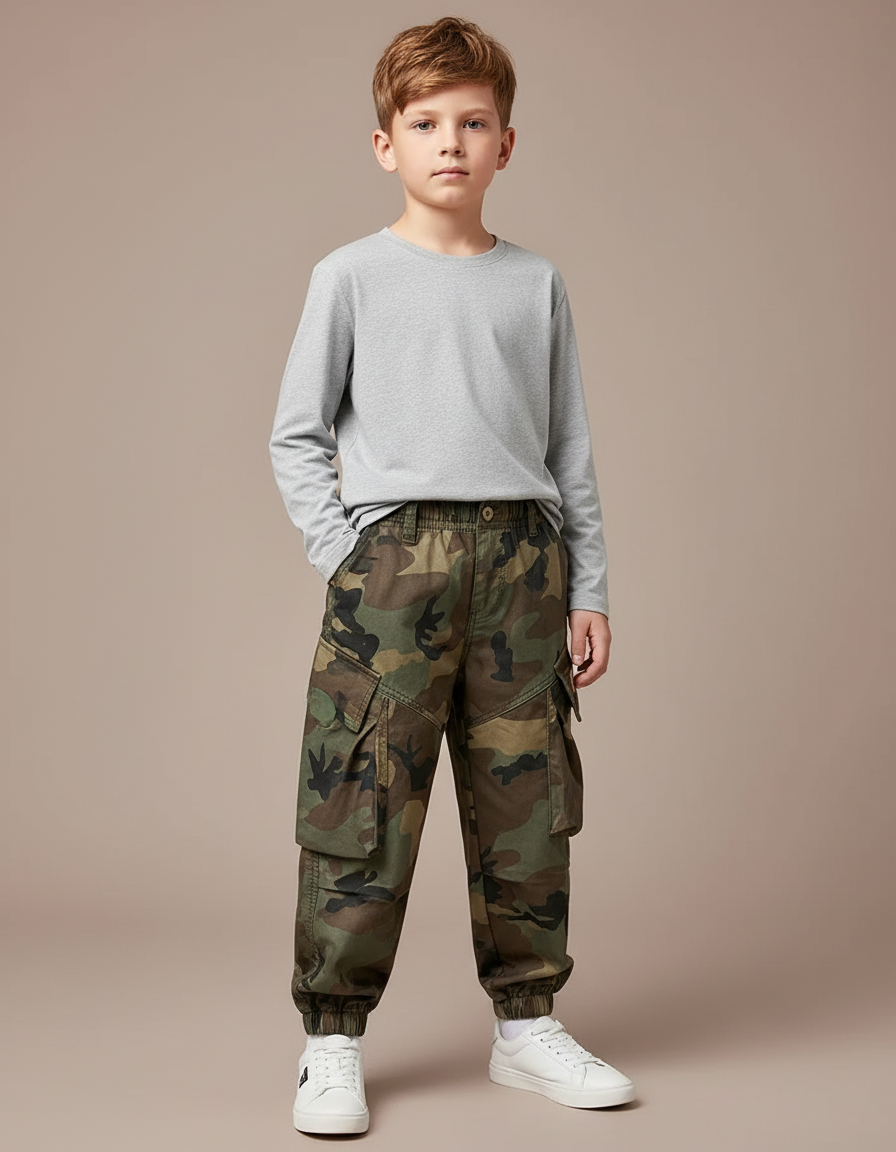 Pantalon Cargo Camouflage Garçon Ample Multipoches - Imprimé Toile