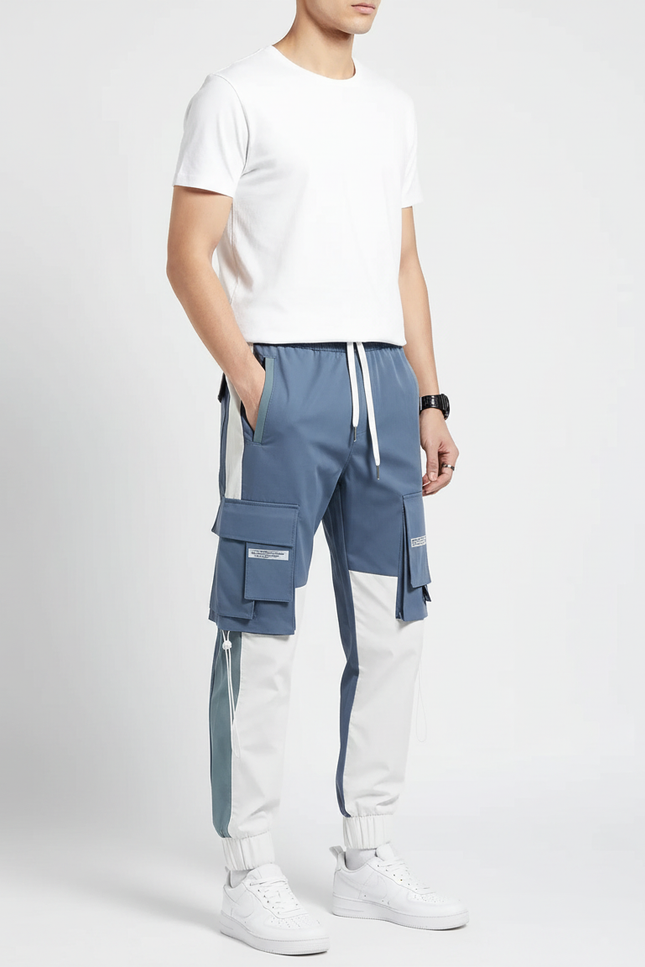 Pantalon Cargo Bicolore Ample Multipoches Streetwear Homme - Multicolore Polyester