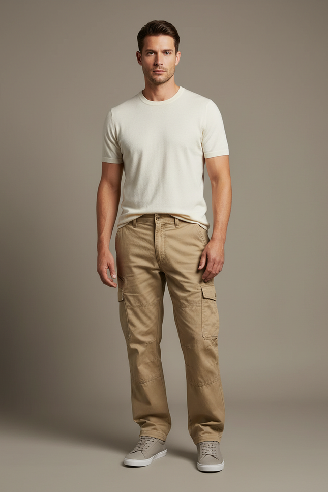 Pantalon Cargo Homme Beige Coton Décontracté Ample