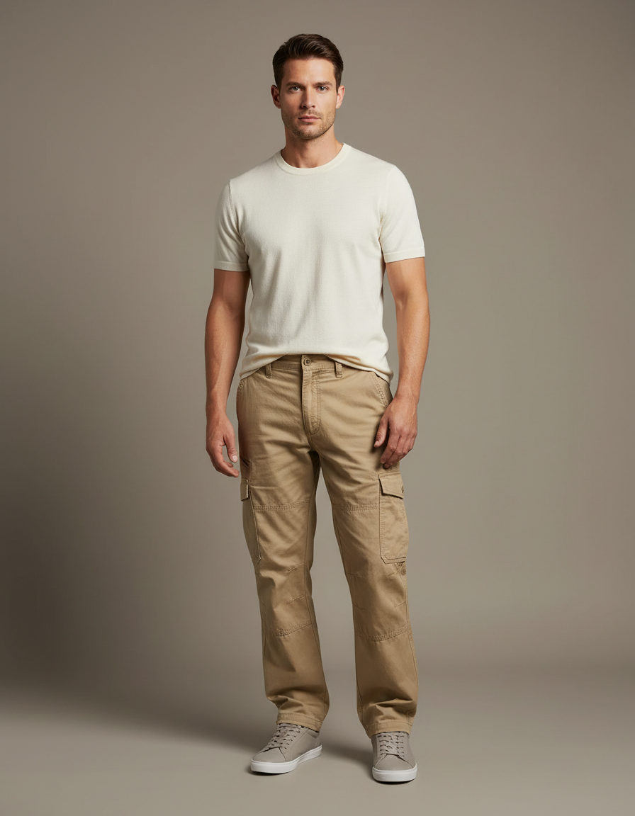 Pantalon Cargo Homme Beige Coton Décontracté Ample