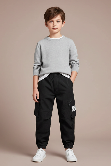 Pantalon Cargo Noir Coton Ample Décontracté Enfant
