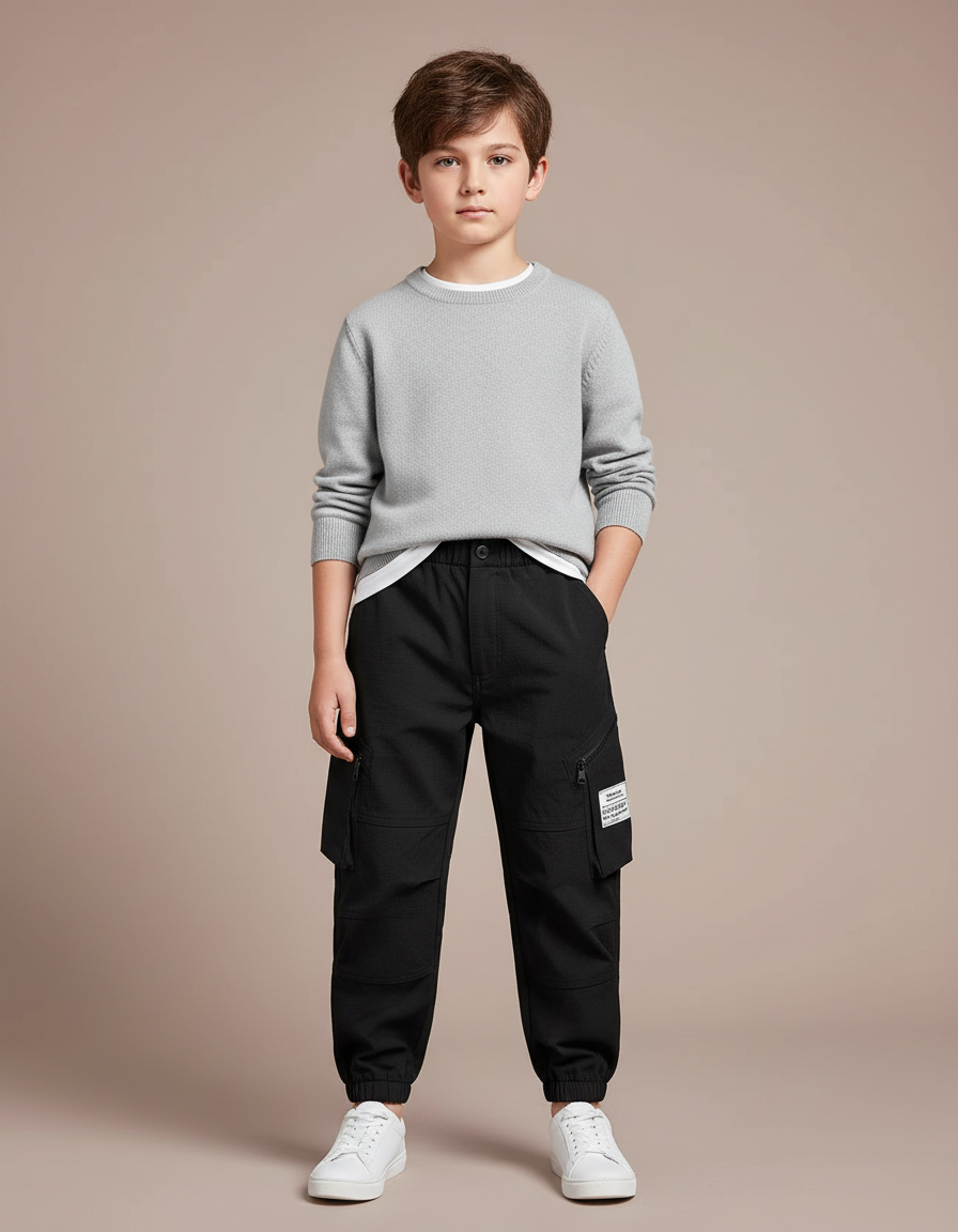 Pantalon Cargo Noir Coton Ample Décontracté Enfant