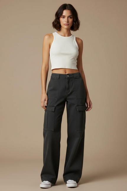 Pantalon Cargo Gris Ample Femme Poches - Toile