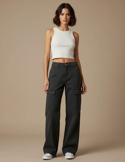 Pantalon Cargo Gris Ample Femme Poches - Toile