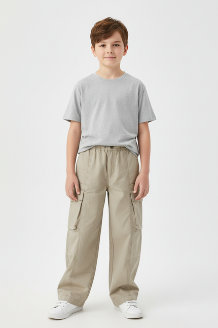 Pantalon Cargo Beige Ample Décontracté Garçon - Gabardine