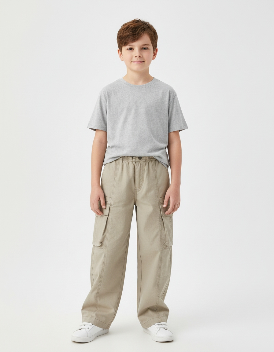 Pantalon Cargo Beige Ample Décontracté Garçon - Gabardine