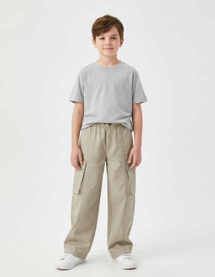Pantalon Cargo Beige Ample Décontracté Garçon - Gabardine