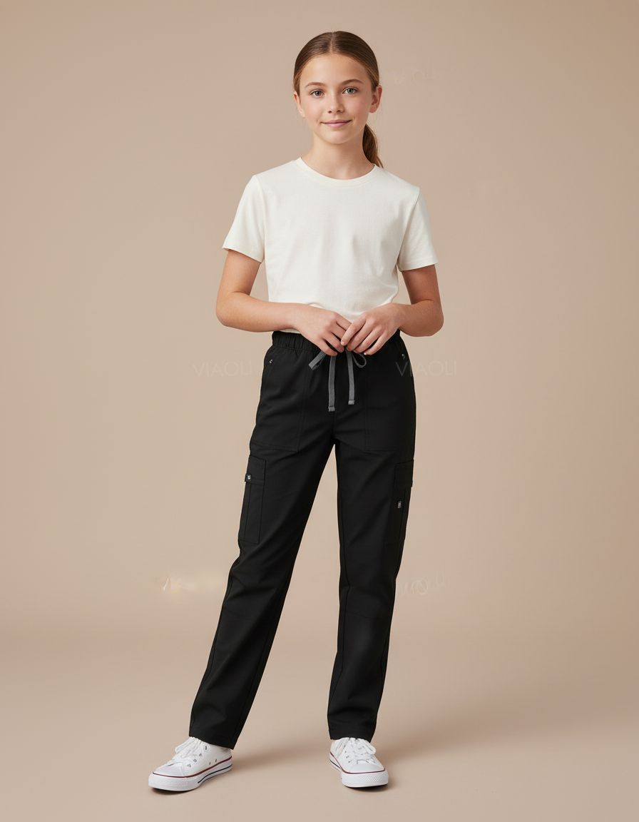 Pantalon Cargo Noir Droit Cordon Multi-Poches Confortable - Gabardine