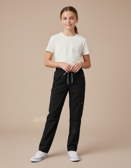 Pantalon Cargo Noir Droit Cordon Multi-Poches Confortable - Gabardine