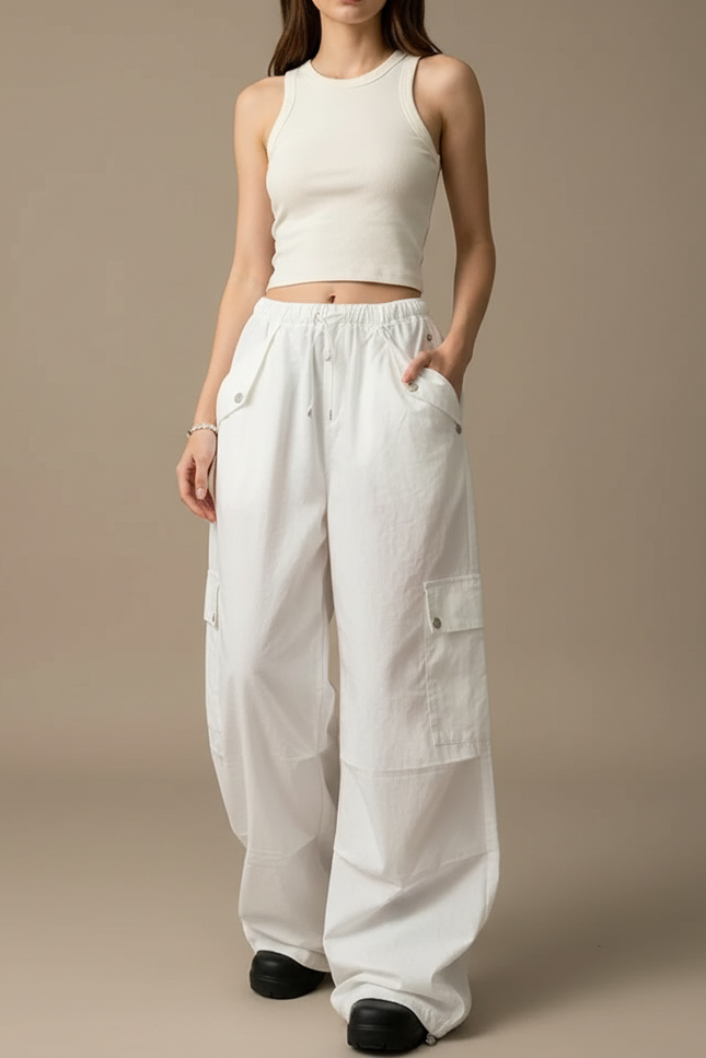 Pantalon Cargo Blanc Ample Poches Taille Haute - Coton