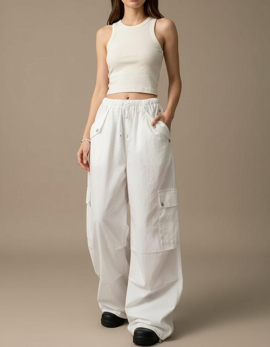 Pantalon Cargo Blanc Ample Poches Taille Haute - Coton