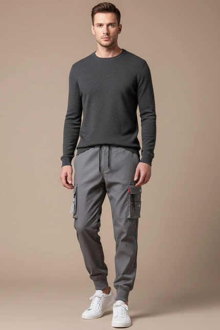 Pantalon Cargo Gris Multi-Poches Jogger Cordon Homme - Polyester